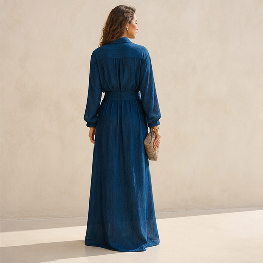Champagne Chiffon Maxi Dress | V-Neck Slit Dress for Women - Long Sleeve Collared Style lifestyle