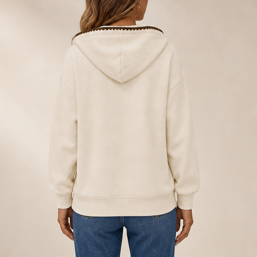 Cream Hooded Tunic Sweatshirt | Oversized Scalloped Trim Hoodie - Half-Button V-Neck with Side Pockets lifestyle