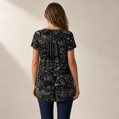 Black Paisley Print V-Neck Top | Casual Short Sleeve Blouse for Women - Relaxed Fit Henley Tunic lifestyle