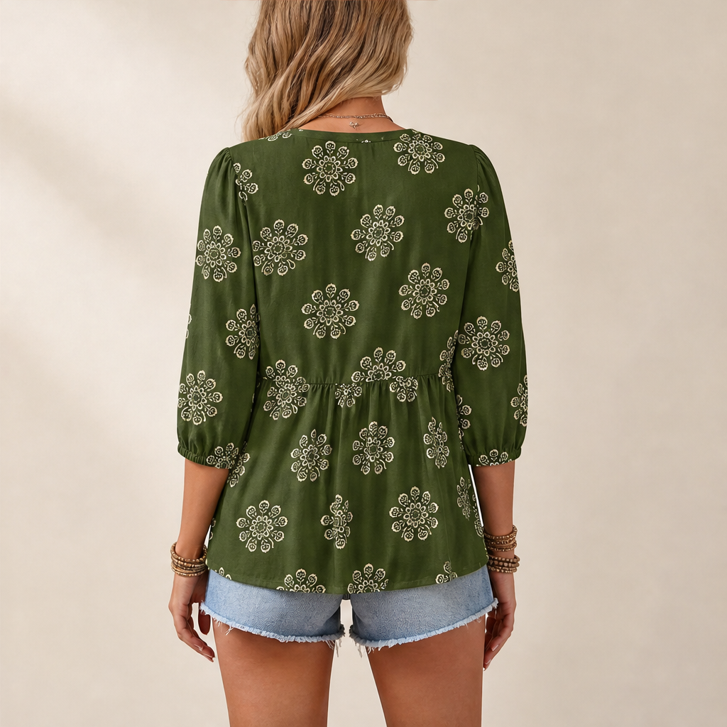 Khaki Green Floral Peplum Blouse | Boho V-Neck Button-Down Top - Puff Sleeve Tie Neck lifestyle