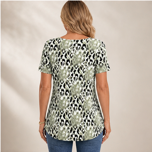 Sage Green Printed Top | Casual Leopard Print Short Sleeve Blouse - Round Neck Pleated Tunic lifestyle