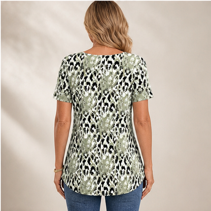 Sage Green Printed Top | Casual Leopard Print Short Sleeve Blouse - Round Neck Pleated Tunic lifestyle