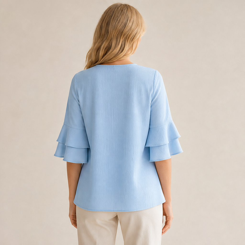 Light Blue Ruffle Sleeve Blouse | Tiered Bell Sleeve Top for Women - Round Neck with Front Pleat lifestyle