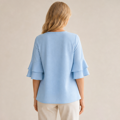 Light Blue Ruffle Sleeve Blouse | Tiered Bell Sleeve Top for Women - Round Neck with Front Pleat lifestyle