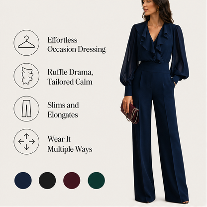 Adeline Women's Ruffled V-Neck Chiffon Top and Wide Leg Trousers Two Piece Set features