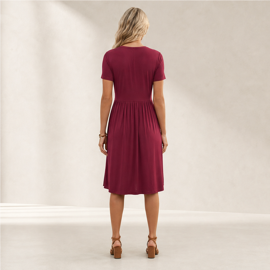 Verona Women's Cross-Front V-Neck Pleated A-Line Dress with Pockets - Short Sleeve Midi Dress lifestyle