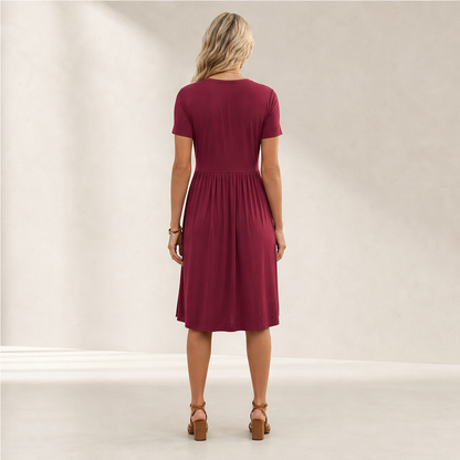 Verona Women's Cross-Front V-Neck Pleated A-Line Dress with Pockets - Short Sleeve Midi Dress lifestyle