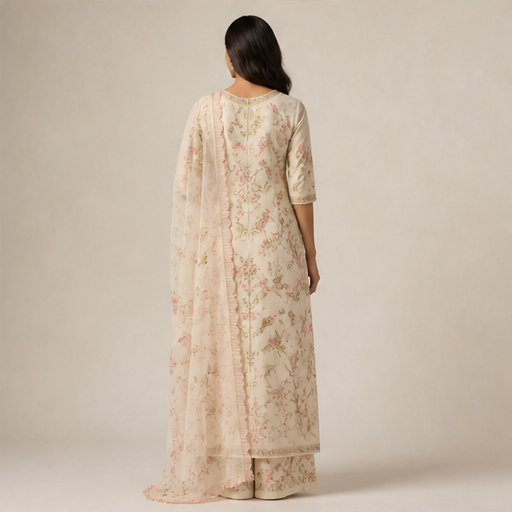 Ivory Banarasi Salwar Suit | Unstitched Silk Three-Piece Set - Hand-Embroidered Zari Floral Suit for Women lifestyle