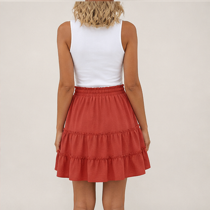 Rust Tiered Skort | Flowy Ruffle Mini Skirt with Built-In Shorts - Pockets & Drawstring Waist lifestyle