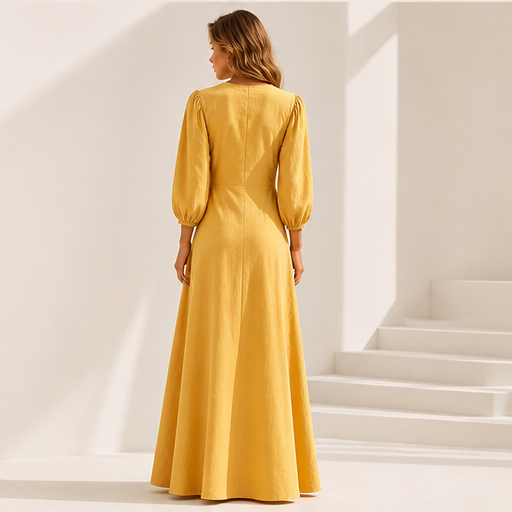 Mustard V-Neck Maxi Dress | Casual Puff Sleeve Long Dress - Linen-Blend with Pockets lifestyle