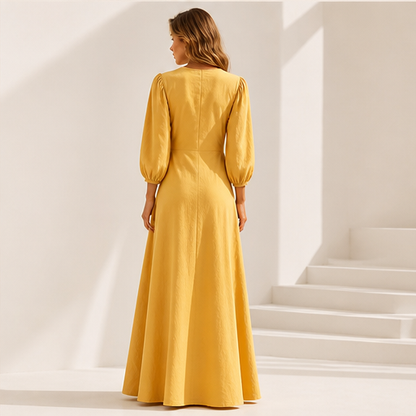 Mustard V-Neck Maxi Dress | Casual Puff Sleeve Long Dress - Linen-Blend with Pockets lifestyle