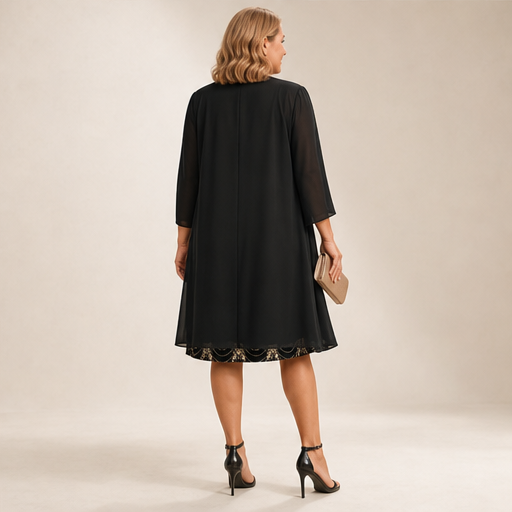 Black Sequin V-Neck Dress & Jacket Set | Two-Piece Evening Outfit with Sheer Chiffon Duster lifestyle