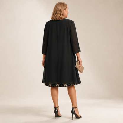 Black Sequin V-Neck Dress & Jacket Set | Two-Piece Evening Outfit with Sheer Chiffon Duster lifestyle