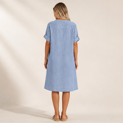Blue V-Neck A-Line Dress | Cotton-Linen Midi with Pockets - Button Placket, Roll-Sleeve lifestyle