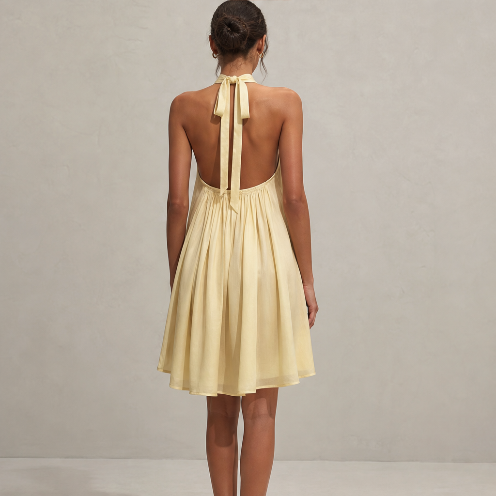 Marigold Women's Sleeveless Deep V-Neck Lace Trim Mini Dress - Flowy Halterneck Summer Dress lifestyle
