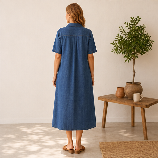 Denim Blue Shirt Dress | Casual Midi Dress for Women - Relaxed Fit with Pockets lifestyle