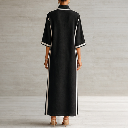 Black Colour Block Maxi Dress | V Neck Stand Collar Linen-Blend - Three Quarter Sleeve lifestyle