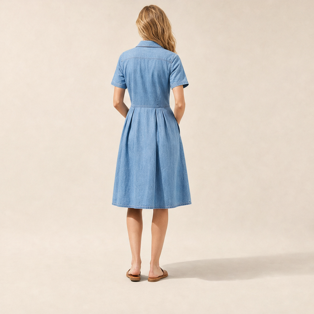 Blue Denim Shirt Dress | Button-Front A-Line Midi - Short Sleeve with Pockets lifestyle