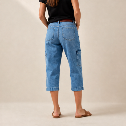 Light Blue Denim Cropped Jeans | Stretchy Cargo Capri Trousers for Women - Cropped Length lifestyle