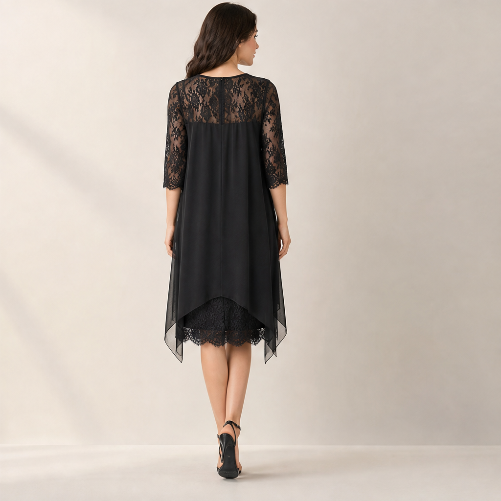 Black Lace Asymmetrical Hem Dress | Elegant Occasion Wear for Women - 3/4 Sleeve Chiffon Overlay lifestyle