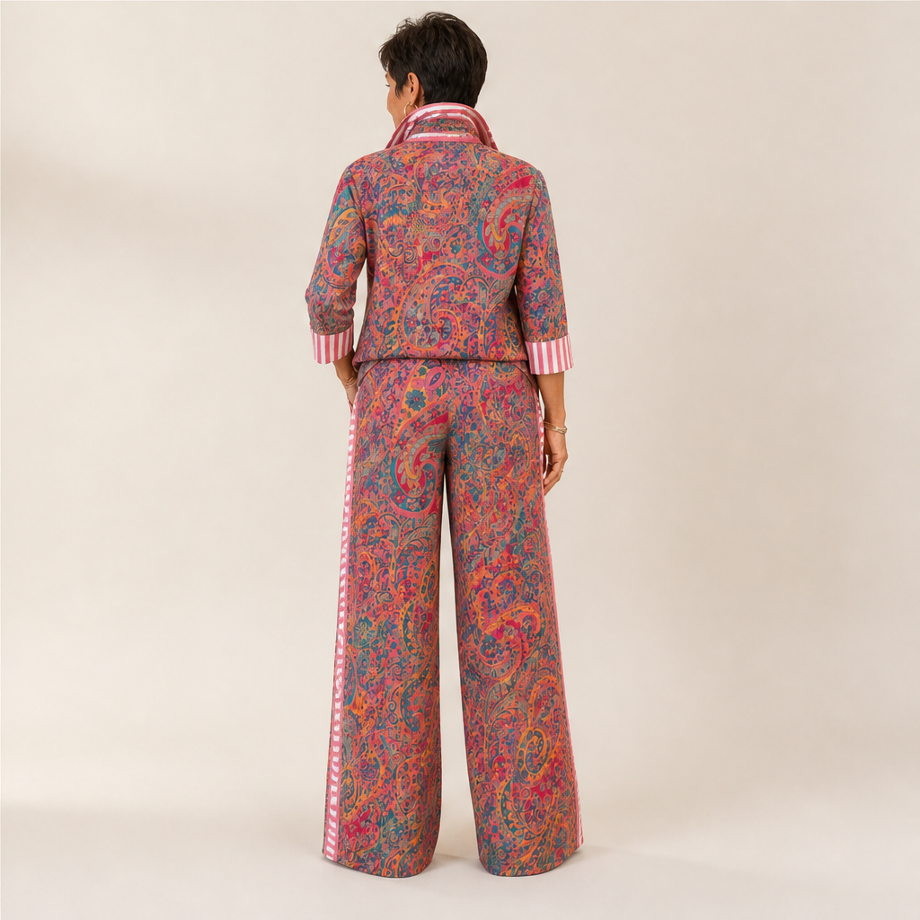 Pink Paisley Two-Piece Set | Contrast-Stripe Wide-Leg Trouser & Top - Women's Matching Set lifestyle