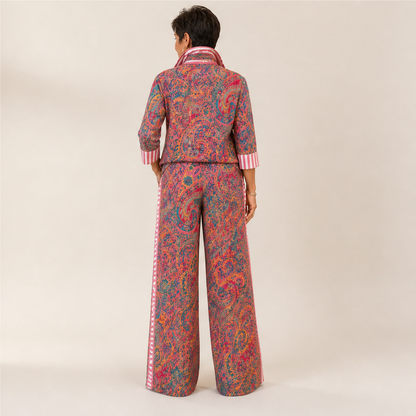 Pink Paisley Two-Piece Set | Contrast-Stripe Wide-Leg Trouser & Top - Women's Matching Set lifestyle