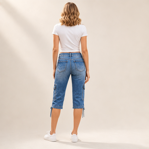 Dark Blue Capri Cargo Jeans | Women's Cropped Denim Trousers - Adjustable Hem, Straight Leg lifestyle