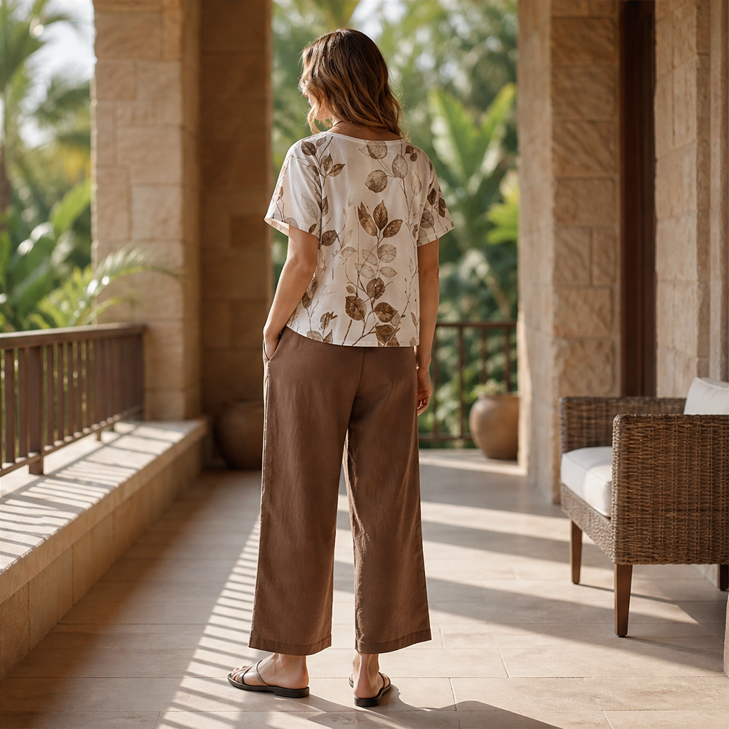 Elowen Women's Botanical Print T-Shirt Set - Breathable Polyester Top & Tulip Hem Trouser Loungewear Set lifestyle