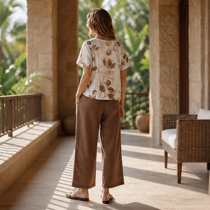 Elowen Women's Botanical Print T-Shirt Set - Breathable Polyester Top & Tulip Hem Trouser Loungewear Set lifestyle