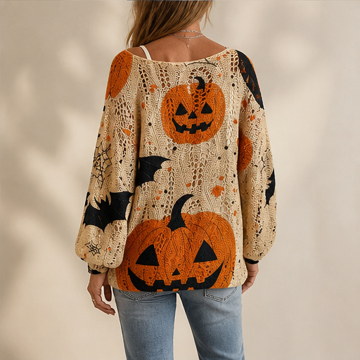 Black Pumpkin Print Sweater | Halloween Crochet Cutout Knit Top - Oversized Long Sleeve for Women lifestyle