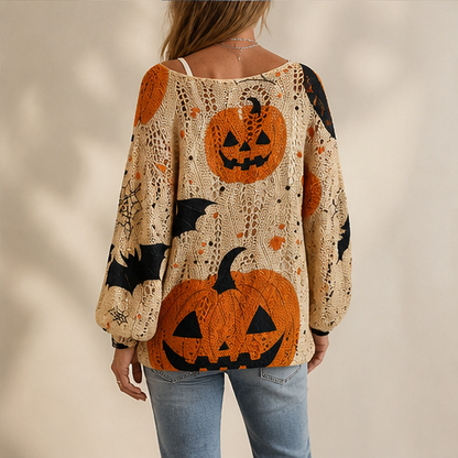 Black Pumpkin Print Sweater | Halloween Crochet Cutout Knit Top - Oversized Long Sleeve for Women lifestyle