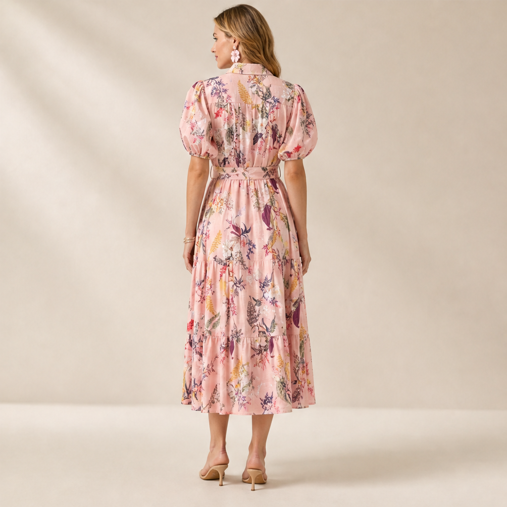 Pink Floral Belted Midi Shirt Dress | Puff Sleeve Botanical Print - Collared Tea Dress with Tie Waist lifestyle