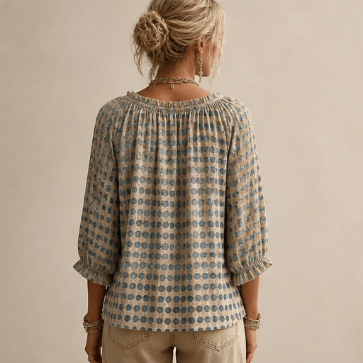 Beige Print Polka Dot Blouse | Lace-Up V-Neck Top - 3/4 Sleeve Boho Style lifestyle