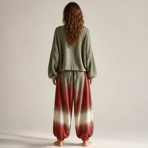 Olive Ombre Two Piece Matching Set | Bohemian Cotton Gauze Top & Harem Trousers - Loose Casual Style lifestyle