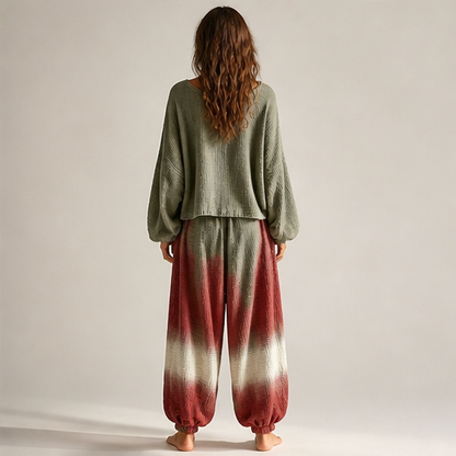 Olive Ombre Two Piece Matching Set | Bohemian Cotton Gauze Top & Harem Trousers - Loose Casual Style lifestyle