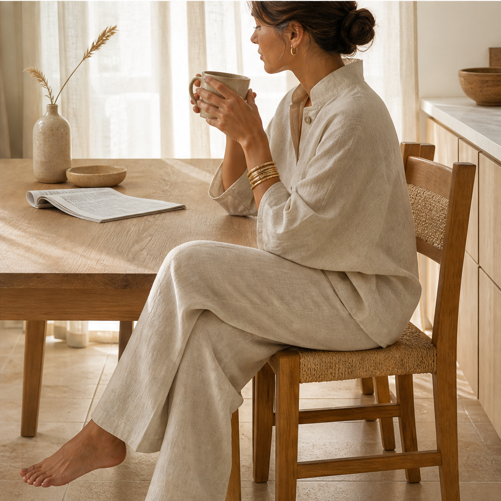 Marisol Women's Batwing Sleeve Linen Cotton Two-Piece Set - Casual Button Shirt & Wide Leg Trousers Outfit features