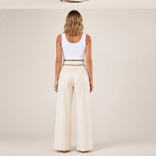 Ecru Wide-Leg Trousers | High-Waisted Tailored Trousers for Women - Contrast Trim with Button Detail lifestyle