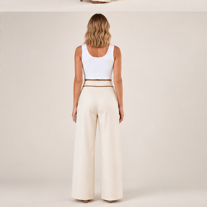 Ecru Wide-Leg Trousers | High-Waisted Tailored Trousers for Women - Contrast Trim with Button Detail lifestyle