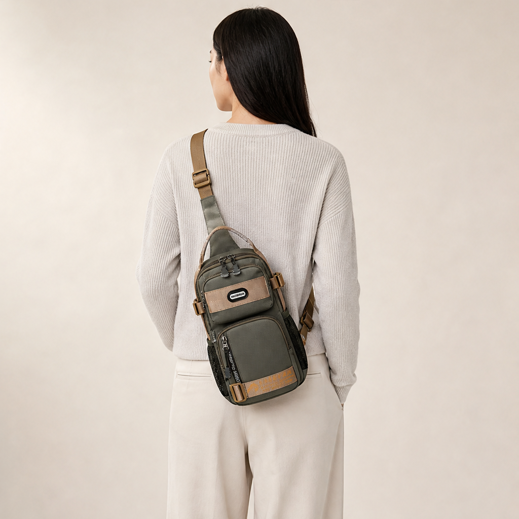 Olive Green Crossbody Sling Bag | Multifunctional Chest Bag with Adjustable Strap - Oxford Fabric lifestyle