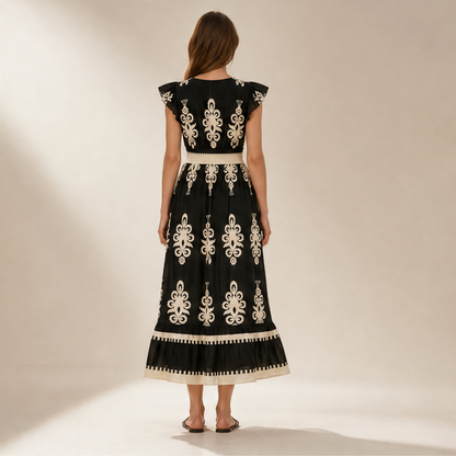 Black Baroque Print Maxi Dress | V-Neck Smocked Waist Summer Dress - Flutter Sleeve Boho Style lifestyle