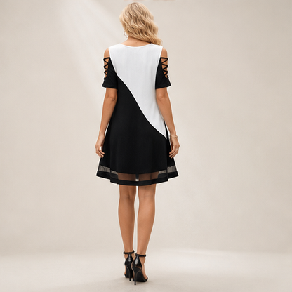 Black & White Colour-Block Midi Dress | Crew Neck Cold Shoulder - Ribbed Knit with Mesh Hem lifestyle