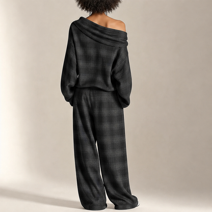 Grey Plaid Off Shoulder Top and Pants Set | Loose Two Piece Outfit - Wide Leg Trousers lifestyle