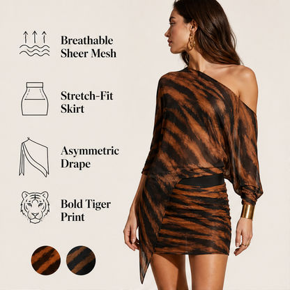 Brown Tiger Print Shawl Top & Skirt Set | Asymmetric One-Shoulder Two-Piece - Sheer Mesh Evening Wear features