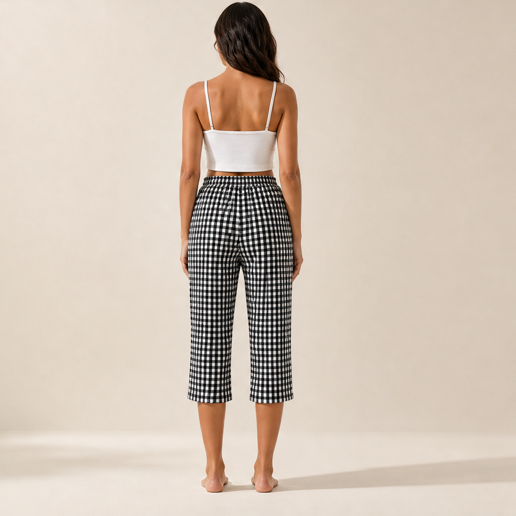 Gingley Women's Cotton-Linen Gingham Capri Pants with Pockets - Drawstring Elastic Waist Summer Trousers lifestyle