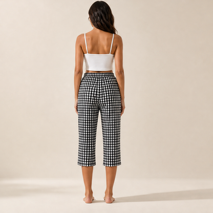 Gingley Women's Cotton-Linen Gingham Capri Pants with Pockets - Drawstring Elastic Waist Summer Trousers lifestyle