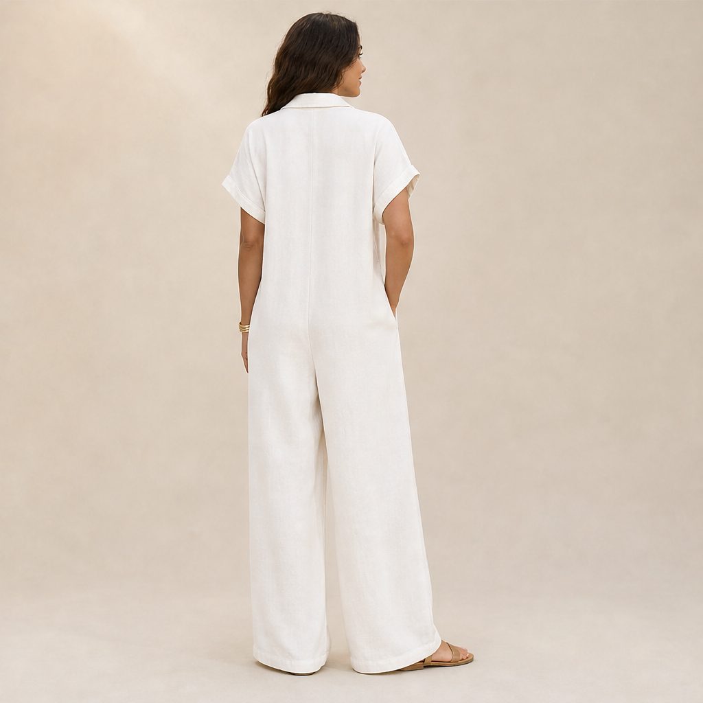 Marielle Women's Casual Wide-Leg Button-Front Linen-Look Jumpsuit - Short Sleeve Collared Loose Fit Jumpsuit lifestyle