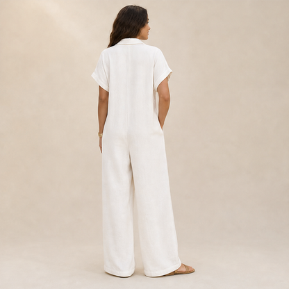 Marielle Women's Casual Wide-Leg Button-Front Linen-Look Jumpsuit - Short Sleeve Collared Loose Fit Jumpsuit lifestyle
