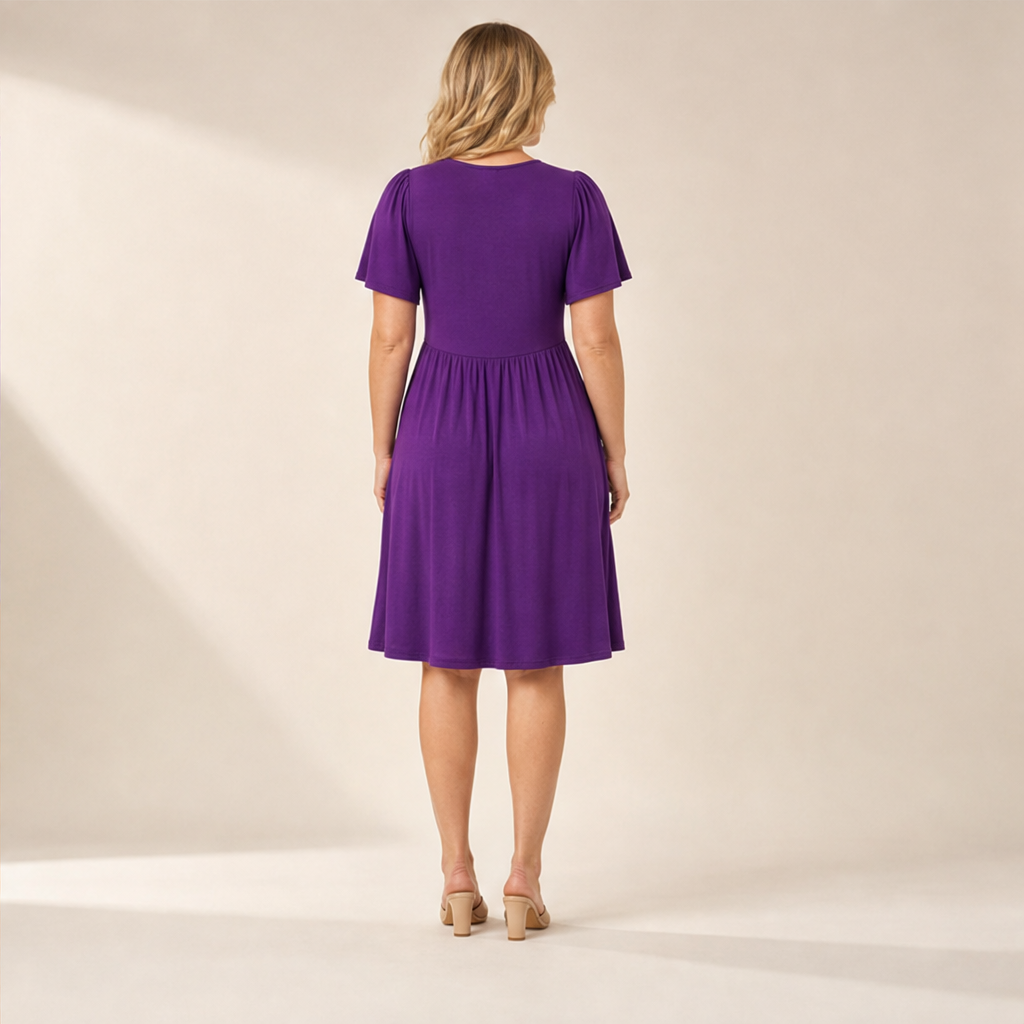 Purple Twist Front V-Neck Dress | Flutter Sleeve Midi with Hidden Pockets - Flowy Fit lifestyle