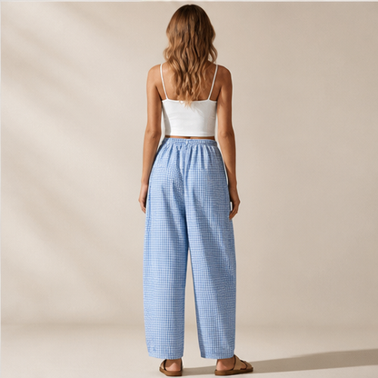 Blue Gingham Wide Leg Trousers | Women's Linen-Blend Plaid Trousers - Drawstring Waist with Pockets lifestyle