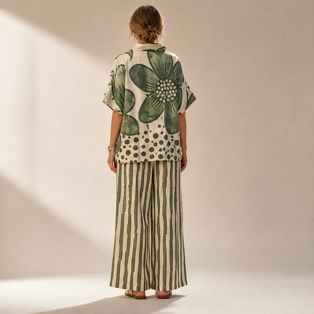 Green Floral Print Two-Piece Set | Short Sleeve Top & Wide Leg Trousers - Women's Loose Fit Matching Set lifestyle